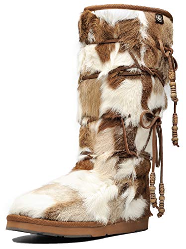 AUMU Women Sheepskin Fur Wooden Bead String Stylish Knee High Winter Snow Boots Chestnut Size 9