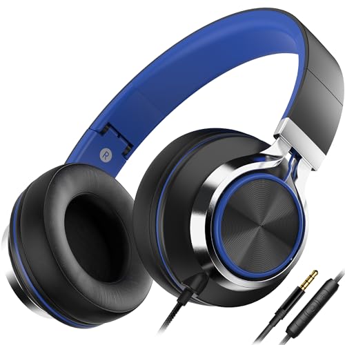 AILIHEN C8 Headphones Wired, On-Ear Headphones with Microphone and Volume Control Foldable Corded Stereo 3.5mm Headset for Smartphones Chromebook Laptop Computer PC Tablets Travel(Black/Blue)