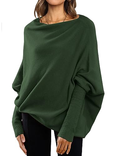 LILLUSORY Womens Off The Shoulder Tunic Sweaters Long Batwing Sleeve Wrap Tops Oversized Cozy Pullover Sweater Winter Fall Army Green