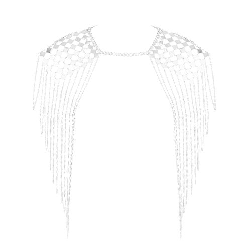 Chrontier Harness Body Chain Link Epaulet Shoulder Chain Necklace Collar Dangling Tassels for Bridal Women Prom Party Wedding Dress Accessory Silver Tone (Silver)