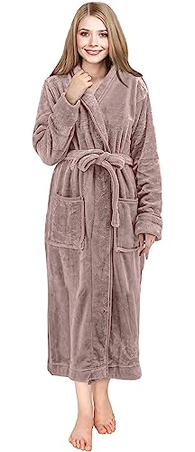 NY Threads Womens Fleece Bath Robe - Shawl Collar Soft Plush Spa Robe, Taupe, Medium