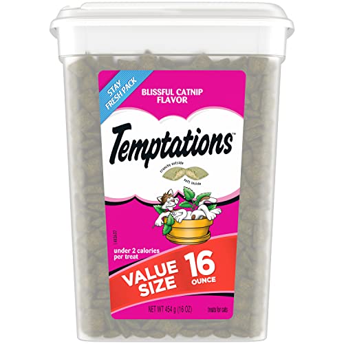 TEMPTATIONS Classic Crunchy and Soft Cat Treats Blissful Catnip Flavor, 16 Ounce (Pack of 1)