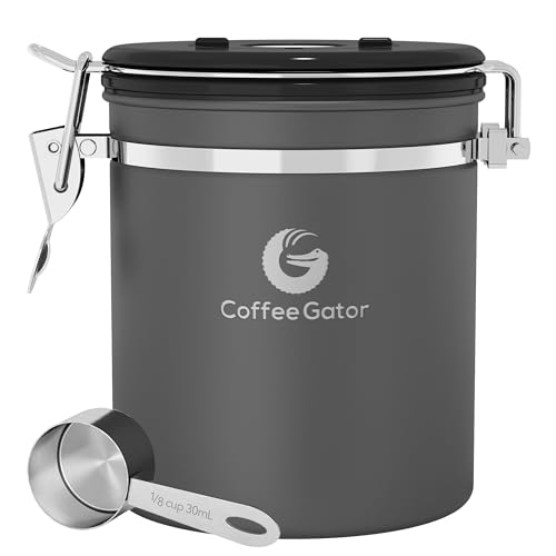 Coffee Gator Stainless Steel Canister - Medium 16oz, Gray Coffee Grounds and Beans Container with Date-Tracker, CO2-Release Valve, and Measuring Scoop - Ideal Coffee Lovers Gifts for Her