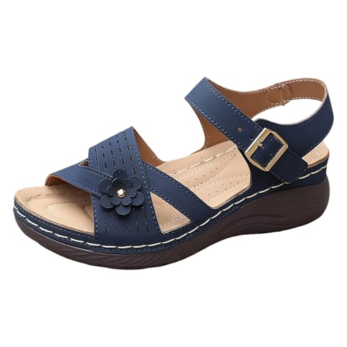 JEUROT Platform Sandals for Women Summer Boho Dress Sandals Buckle Strap Slingback Wedge Sandals Peep Toe Slip On Shoes Comfortable Walking Sandals Chunky Heels (Blue-b, 7)