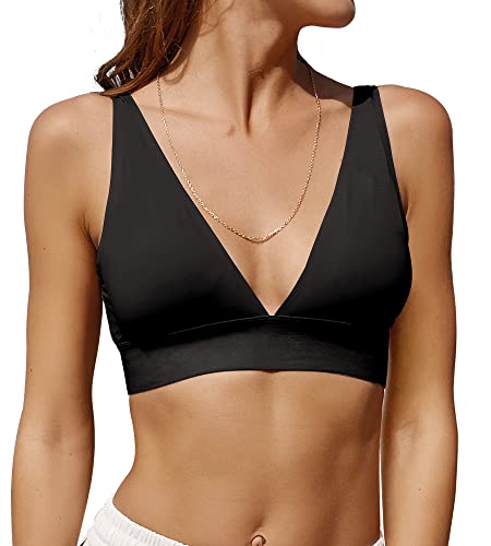 Knowyou Women's Seamless Plunge Bra Deep V-Neck Wireless Comfort Bra Unlined Triangle Sporty Ultra Light Soft Stretch Bralettes for Ladies Black