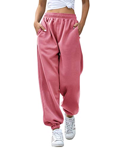 HeSaYep Women's High Waisted Sweatpants Workout Active Joggers Pants Baggy Lounge Bottoms,Pink Medium
