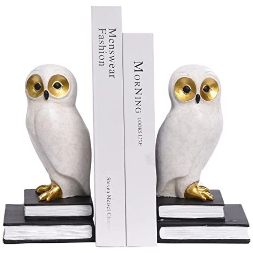 Kakizzy Decorative Book Ends for Heavy Books, Owl Bookends White Bird Bookends for Kids Rooms Resin Unique Book Holders with Anti-Slip Base Luxurious Bookends for Office Home Decor(Owl-White)