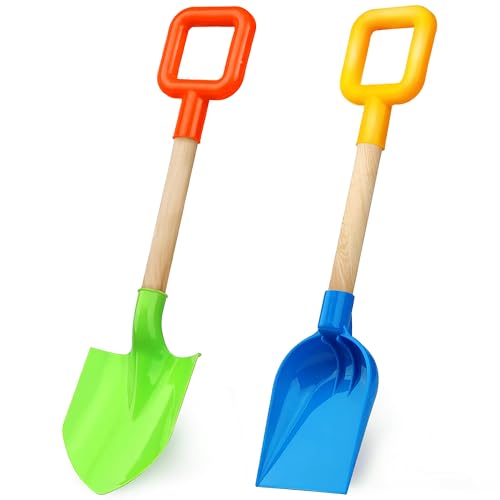 SMILESSKIDDO 16' Kids Beach Spades Sand Shovels - Wooden Handle & Plastic Spade for Digging - 2 Pack Summer Sandbox Toys, Backyard Gardening Tools for Kids, Blue & Green