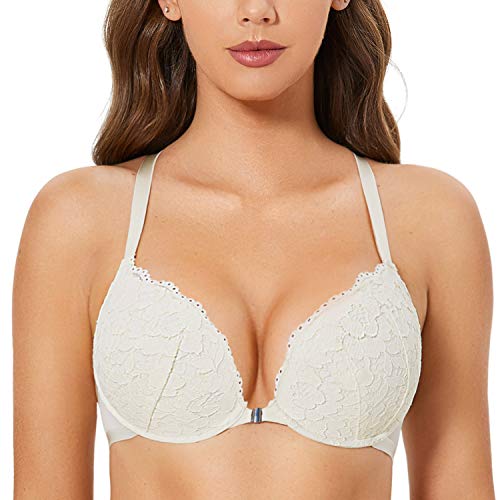 DOBREVA Women's Push Up Bra Racerback Front Closure Bras Lace Padded Underwire Plunge Floral Ivory 40D