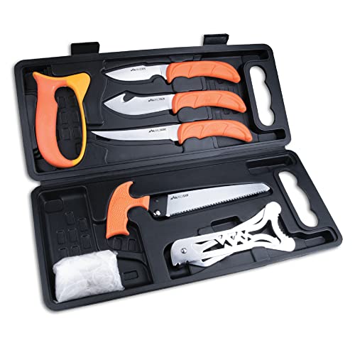 Outdoor Edge WildPak 8-Piece Hunting Knife Set & Field Dressing Kit | Features Razor-Sharp Full Tang Skinning Knife, Caping & Boning Knives, Knife Sharpener, Bone Saw, Rib Spreader | Compact Hard Case
