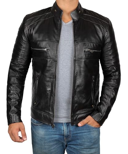 Decrum Lambskin Leather Jackets Cafe Racer Black Leather Biker Jacket Mens | [1100076] Black Austin, XXL