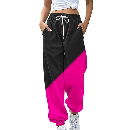 Women Cinch Bottom Sweatpant High Waist Sporty Gym Athletic Fit Jogger Pants Lounge Trousers Color Block Baggy Bottoms Women's Rival Terry Joggers Hot Pink