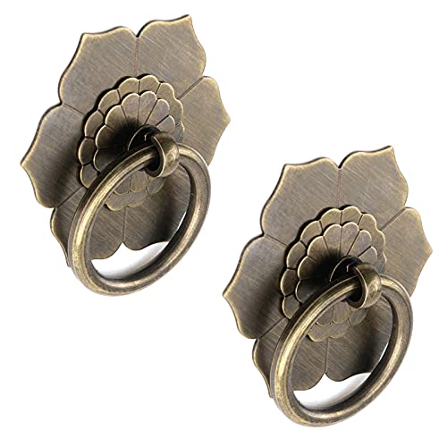 Bitray Drop Ring Knobs Antique Bronze Tone Ring Pulls Flower Shape Dresser Drawer Cabinet Pulls - 2pcs