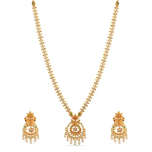 Tarinika Yellow Gold Hrida Nakshatra CZ Long Necklace Set with Peacock Design - Indian Jewelry Sets for Women | Perfect for Cocktail Occasions | Traditional Indian Necklace Jewelry set | 1 Year Warranty*