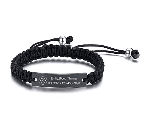 VNOX Custom Engraving Handmade Braided Rope Adjustable Medical Alert ID Bracelet Fits Adults,5.9-9 Inches
