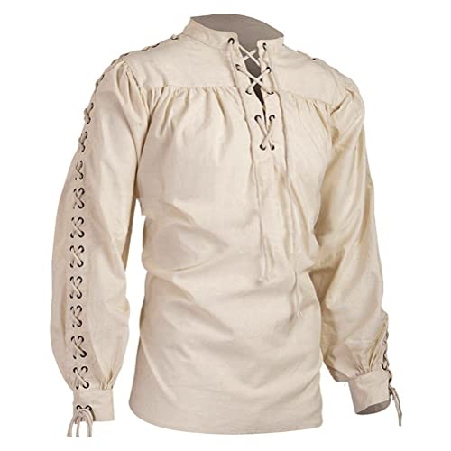 Men's Loose Linen Medieval Gothic Renaissance Shirt Long Sleeve Viking Pirate Mercenary Scottish Costume Beige, Small(Bust 40.0' to 42.5')