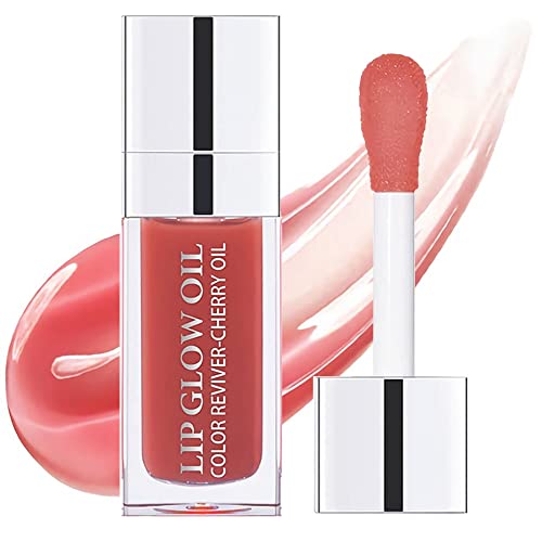 Plumping Lip Oil, Hydrating Lip Gloss Tinted Lip Balm Lip Care Transparent Toot Lip Oil, Long Lasting Nourishing Lip Glow Oil Non-sticky Big Brush Glitter Shine Primer Lip Tint (ROSEWOOD)