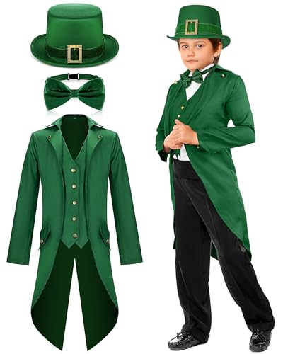 Geyoga Boys St Patrick's Day Costume Kids Leprechaun Costumes Gothic Vintage Steampunk Tailcoat with Leprechaun Hat Bow Tie(135)