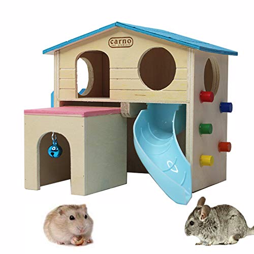 kathson Hamster House Pets Small Animal Hideout with Funny Climbing Ladder Slide Wooden Hut Play Toys Chews for Small Animals Like Dwarf Hamster and Mouse(Blue)