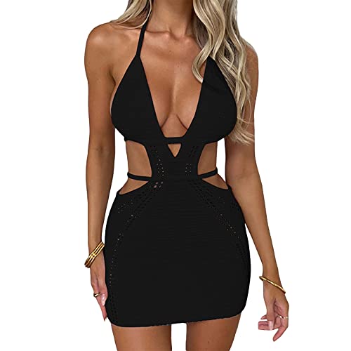 MYBFYABO Women's Halter Bodycon Mini Dress Sleeveless Tie Backless Hollow Out Corset Knit Dress Wrap Dress Summer Beach Dress (Black, M)