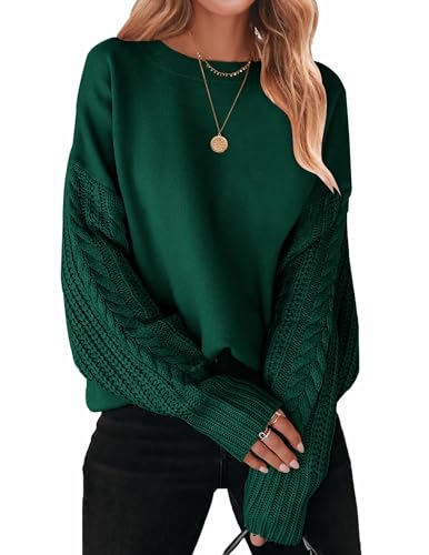 ZESICA Women's 2023 Fall Long Sleeve Crew Neck Solid Color Cable Knit Chunky Casual Oversized Pullover Sweater Tops,ForestGreen,Small
