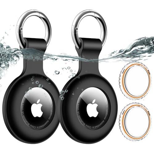2 Pack Airtag Holder with Keychain for Apple Airtags IPX8 Waterproof, [PC+Silicone] Air-Tags Cover Shockproof [Anti-Scratch] Item Finders Case Cargo Covers for Pets,Bags,Kids,Luggage,Keys-Black+Black
