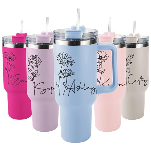 Birth Flower 40 Oz Tumbler with Handle and Straw, Personalized Tumbler with Name Insulated Cup Reusable Stainless Steel Water Bottle Travel Mug Gifts for Her (Birth Flower Tumbler -01)