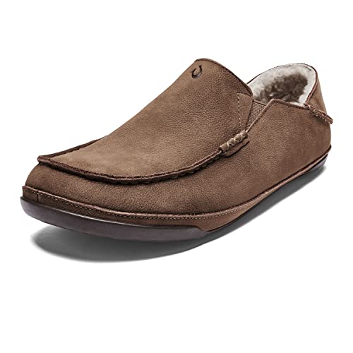 OLUKAI Kipuka Hulu Men's Leather Slippers, Premium Nubuck Leather Slip On Shoes, Shearling Lining & Gel Insert, Drop-In Heel Design, Toffee/Toffee, 11