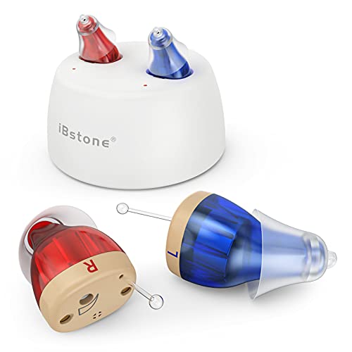 Hearing Aids, iBstone Rechargeable Hearing Aids to Assist Hearing for Seniors & Adults, Mini Completely-in-Canal Digital Hearing Devices with Noise Cancellation, OTC, Pair (Blue & Red with White Base)