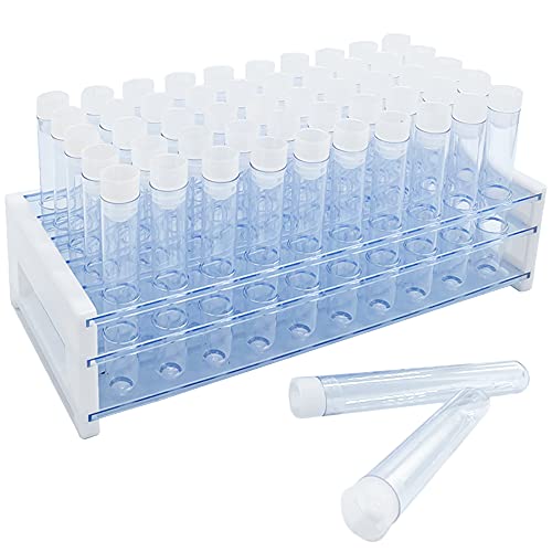 50Pcs Clear Plastic Test Tubes with Rack,16 x 100mm Tube with Caps and 50 Holes Tubes Rack,Test Tube Set for Scientific Experiments,Candy,Beads,Liquid Storage,Party Decor
