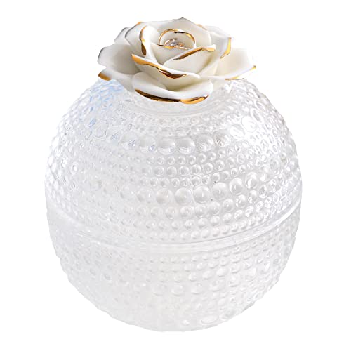 WOMHOPE Glass Jewelry Box Embossed Trinket Ornament Storage Container Holder Crystal Candy Jar Bowl with Lid Sugar Tray (White flower)