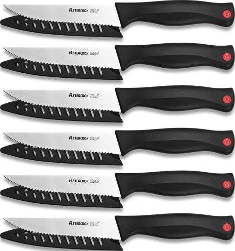 Astercook Steak Knife, Steak Knives Set of 6 with Sheath, Dishwasher Safe High Carbon Stainless Steel Steak Knife with Cover, Black