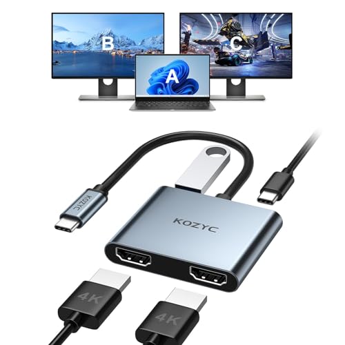 USB C to Dual HDMI Adapter 4K@30Hz, KOZYC USB C Hub Multiport Adapter with 2xHDMI, USB 3.0, 100W PD, Support USB C to HDMI Splitter Extended Display for MacBook Pro (MST is not supported on MacOS)
