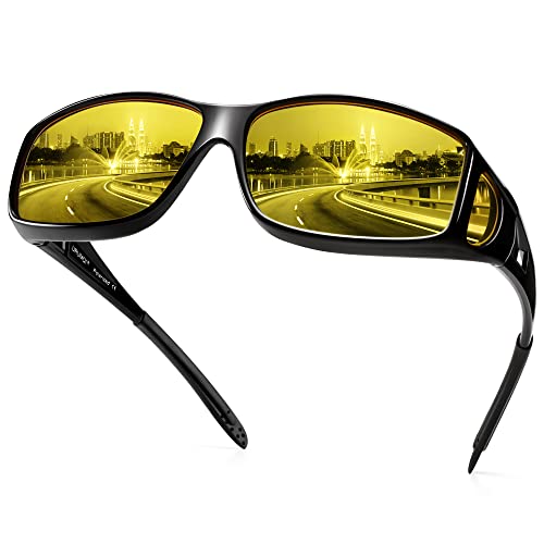 URUMQI Night Vision Driving Glasses Fit Over Glasses for Men Women, Anti Glare Polarized Nighttime Glasses HD Yellow Lens