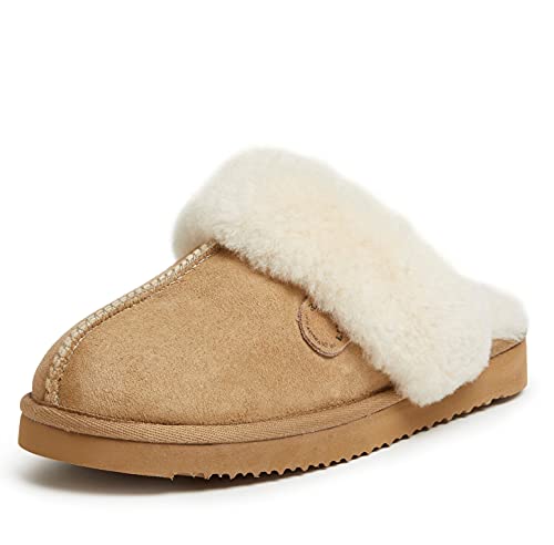 Dearfoams Women's Fireside Sydney Shearling Fur Indoor/Outdoor Scuff Slipper with Wide Widths, Sand, 8