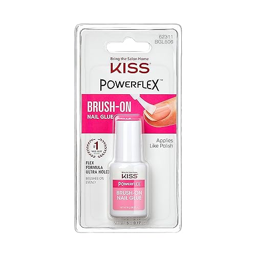 KISS PowerFlex Brush-On Nail Glue for Press On Nails, Ultra Hold Flex Formula Nail Adhesive, Includes One Bottle 5g (0.17 oz.) with Twist-Off Cap & Brush Applicator
