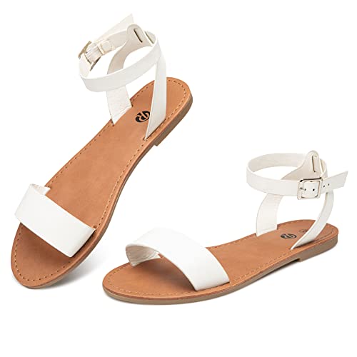 Rekayla Flat Faux Leather Ankle Strap and Adjustable Buckle Sandals for Women white 075