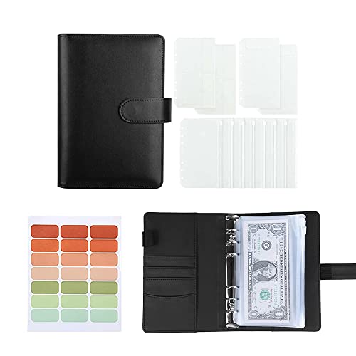 KINGDOM SOLUTIONS Black A6 Budget Binder - and 12 Transparent PVC Envelopes, Budget Binder with Cash Envelopes for Budgeting with Label Stickers - Mini Binder Pockets Money Budget Envelopes Wallet