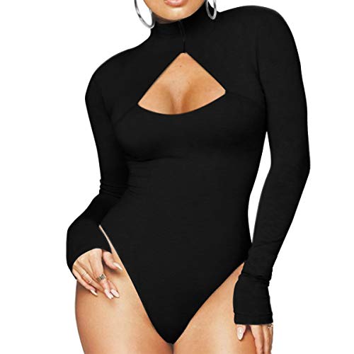 Women's Long Sleeve Bodysuit Zipper Turtleneck Jumpsuit Leotard Top Bodycon Stretchy Romper (Black, S)