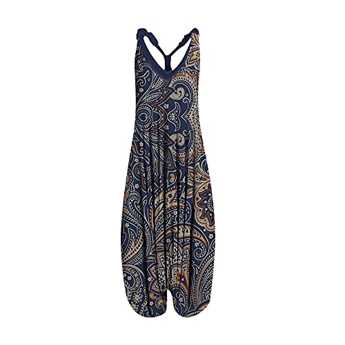 SZITOP Women's Boho Print Vintage Casual Summer Autumn Racerback Sleeveless Spaghetti Straps Long Harem Pants Jumpsuit Rompers Overall(A-Blue,Small)
