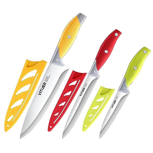VITUER Chef Knife, 3PCS Kitchen Knife, Multicolor Stainless Steel Sharp Chef Knife Set, 8 Inch Chef's Knife, 4.5 Inch Utility Knife, 4 Inch Paring Knife (3Pack, Yellow, Red, Green)