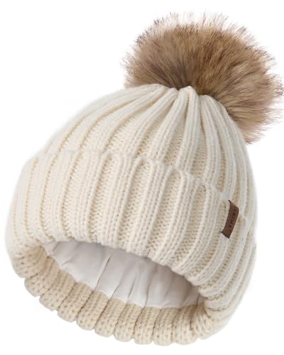 Kids Winter Knitted Pom Beanie Bobble Hat Cotton Lined Faux Fur Ball Pom Pom Cap Unisex Kids Beanie Hat