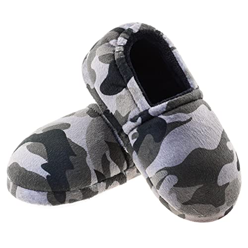 LA PLAGE Boys House Slippers with Cozy Memory Foam Slip On Camo House Shoes, Breathable Indoor Outdoor Warm Winter Home Slippers for Little Big Kids 1-2 US Grey