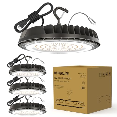 HYPERLITE LED High Bay Light 4Pack 100W 14000LM 5000K with US Plug High Bay LED Lights for 10-14FT Workshop Garage Shop Barn