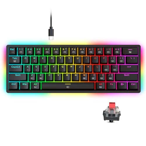60% Keyboard Mechanical, Mini Wired Gaming Keyboard Compact 60 Percent Keyboard, RGB Backlit Hot-Swappable Red Switch Fully Programmable for Windows Laptop PC Mac,K642 Black- Transparent