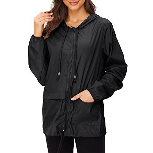 Zando Lightweight Rain Jacket Women with Hood Packable Raincoats for Adults Women Plus Size Rain Jackets for Women Waterproof Anorak Jacket Womens Windbreaker Jacket Black M