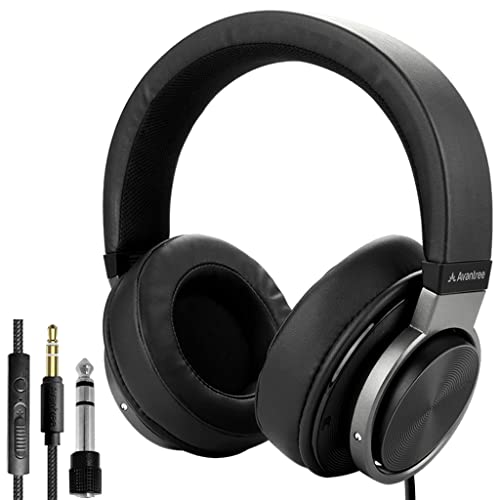 Avantree HF049 - Wired Over Ear Headphones with 50mm Drivers High-Precision Sound, 16ft / 5M Extra-Long Cord, in-Line Volume Control & Mic, and 3.5mm AUX Cable with 6.35mm Adapter for TV and PC