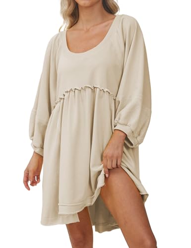 synound Women Oversized Patchwork Sweatshirt Dress Low Back Pullover Scoop Neck Lantern Sleeve Loose Mini Dress Beige