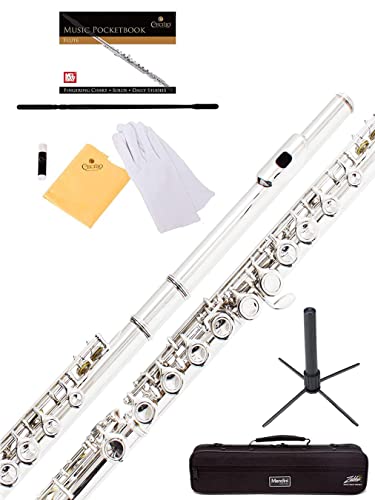 ﻿Mendini By Cecilio Flutes - Closed Hole C Flute For Beginners, 16-Key Flute with a Case, Stand, Lesson Book, and Cleaning Kit, Musical Instrument for Kids, Nickel Plated