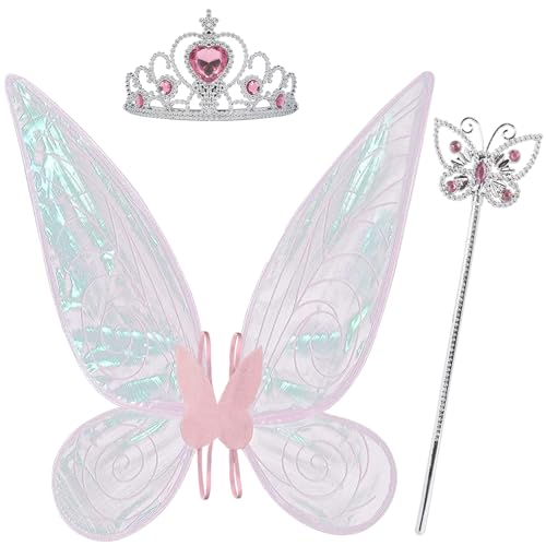 Vifcotlyp Fairy Wings, Fairy Wings for Adults Women Girls, Butterfly Wings for Women for Halloween Cosplay (Pink Fairy Wings + Crown + Fairy Wand)